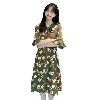 Toppick 2019 Verão, Outono Chiffon De Impressão Vestido Casual Bonito Mulheres De Vestido Floral Longo Bowknot Vestidos De Manga Longa Vestido Plus Size