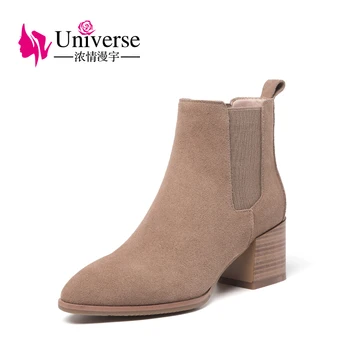 Universo de camurça de couro do inverno botas chelsea para as mulheres de moda de alta calcanhar ankle boots rodada toe sapatos botas G371