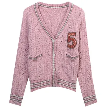 V-Neck Sweater Cardigans Mulheres De Malha Crop Tops Jersey Rosa Design Da Marca Casual Malhas Outono, Inverno Moda Japonesa Coreano