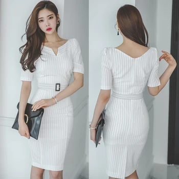 Verão Listrado De Branco Vestidos Para Mulheres 2020 Coreano Moda Sexy Sem Encosto V-Pescoço Wrap Dress Midi Bodycon Office Vestido Com Cinto