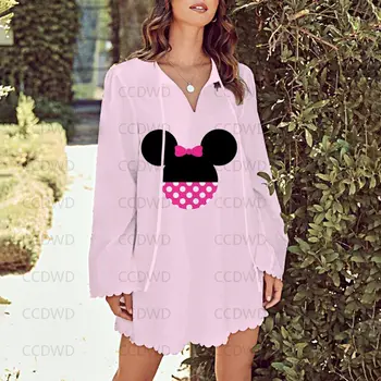 Vestido de praia Casual de Verão Vestidos das Mulheres do Laço com Decote em V Mickey Moda Disney Pétala Manga de Minnie Mouse Mulher 2022 Festa Elegante