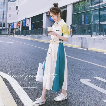 Vestido de Verão de Roupas femininas francês Retrô, Maxi Camisa de Vestido de Lazer Solta coreano Laço comprido Moda Emenda de fio de Algodão