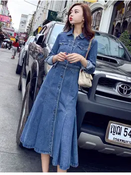Vestido jeans comprimento Médio das Mulheres, em 2022, Outono Nova Versão coreana de Moda Cintura manga Longa Casual Temperamento Vestido Longo Tendência