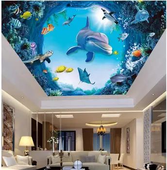 WDBH personalizada foto 3d teto murais papel de parede sea world dolphin peixe decoração home 3d murais de parede papel de parede para parede da sala de estar em 3d