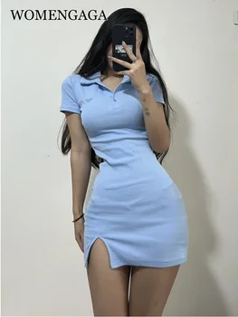 WOMENGAGA Spice Slim Sexy Dividir Uma linha de T-Shirt Mini Vestido de Gola Polo Amor de Bordado Fino Hip Doce e Quente Sexy Mulheres coreanas 53NW